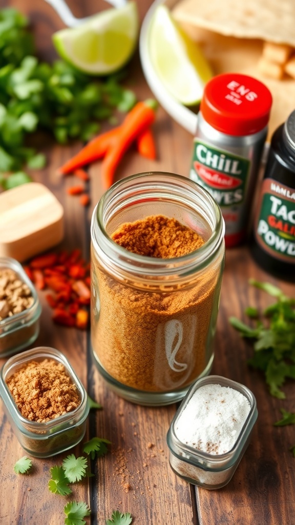 A jar of homemade taco seasoning with spices and fresh ingredients on a wooden table.